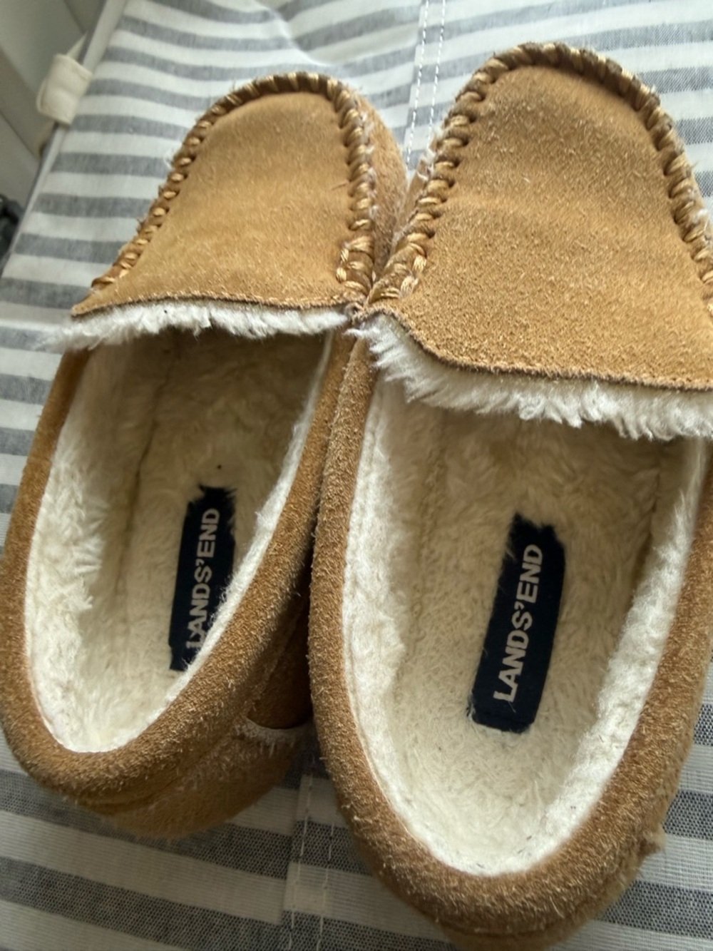 Lands' End Kids Tan Suede Moccasin-Style Slippers with Cream Lining